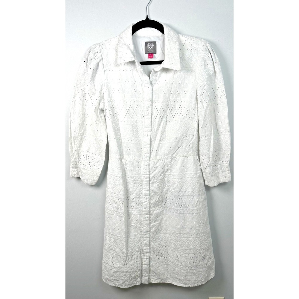 Vince Camuto Size 8 Dress Women White Lace Long Sleeve Cottagecore Button Cotton